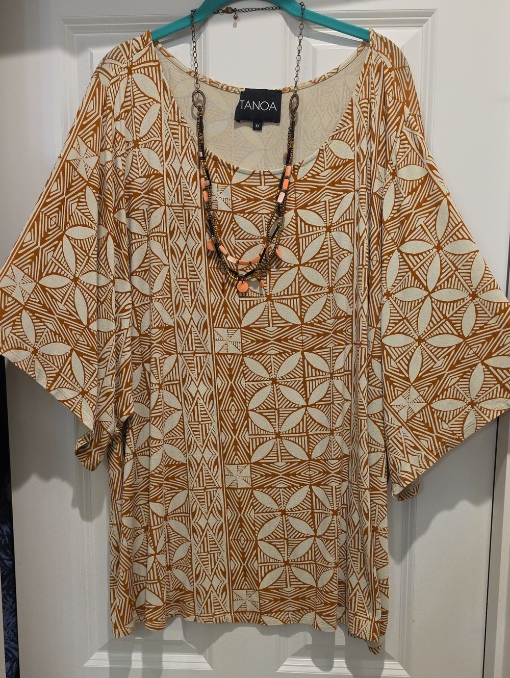 Tano Women's Cream and Brown Geometric Scoop Neck Hawaian Top 3x